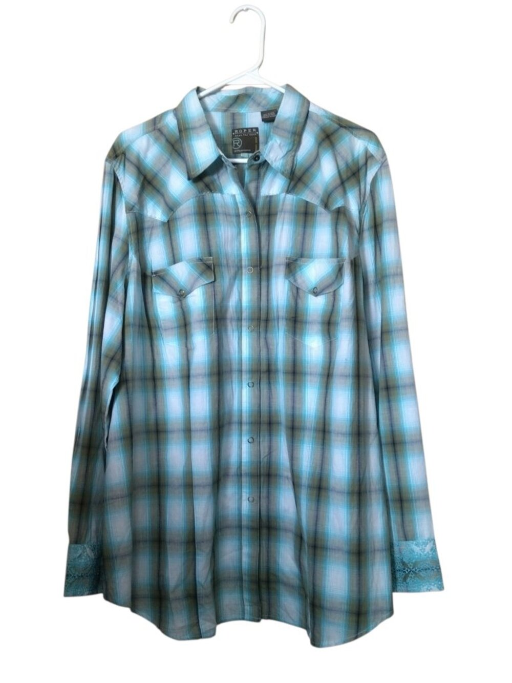 Roper Women's 2X Long Sleeve Plaid Western Cowgirl Shirt Snap Front Lace Cuff